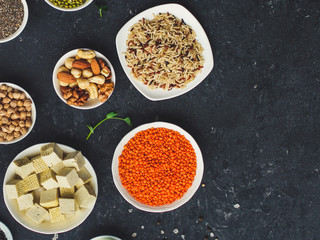 concept of healthy food (legumes, greens, spinach, lentils and other) superfood. Food background