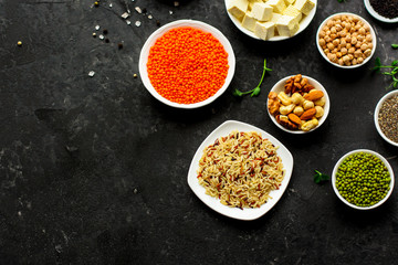 concept of healthy food (legumes, greens, spinach, lentils and other) superfood. Food background