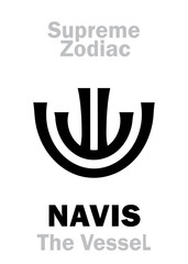 Astrology Alphabet: NAVIS (The Ship, The Boat / The Celestial Vessel), constellation Argo Navis. Sign of Supreme Zodiac (External circle). Hieroglyphic character (persian symbol).