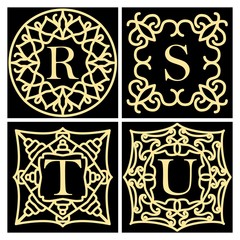 Set of ornate frame monogram for cards, wedding invitations, menus, labels. Collection of design elements for the letters R, S, T, U Golden signs on black background.