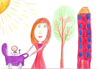 Child's drawing happy mother with baby buggy