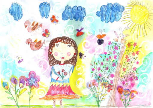 Children's drawing of a happy girl on a walk outdoors
