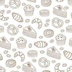 Hand drawn vector seamless pattern with different kind of bread  and cakes