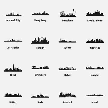 Set of best known cities skyline silhouette flat vector icons.