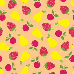 Vector seamless pattern with different fruit such as pear, apple and strawberry.