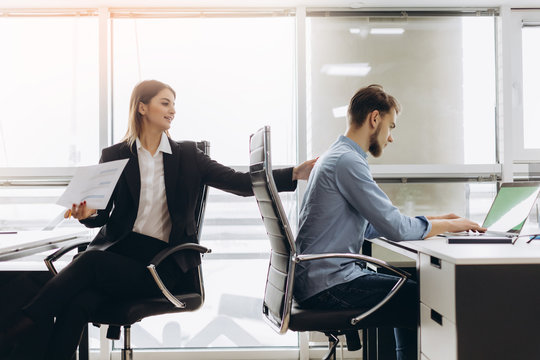 Young Personal Assistant Giving Document To Office Worker In His Office, Female Accountant Reporting Great Work To Ceo, Junior Manager Showing To Executive Increased Financials, Project Stats On Paper