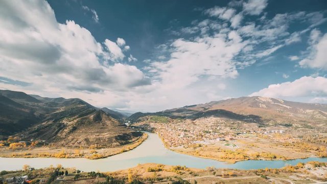 Mtskheta Georgia. Top View Skyline Of Ancient Town Located At Valley Of Confluence Of Rivers Mtkvari Kura, Aragvi In Picturesque Highlands