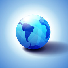 South America and Africa Global World Globe Icon 3D illustration, Glossy, Shiny Sphere with Global Map in Subtle Blues giving a transparent feel