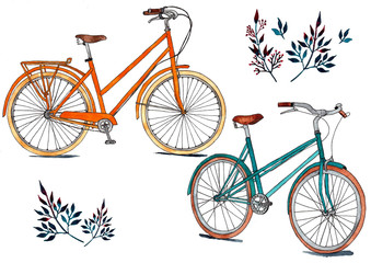 Bicycles orange and turquoise summer watercolor set