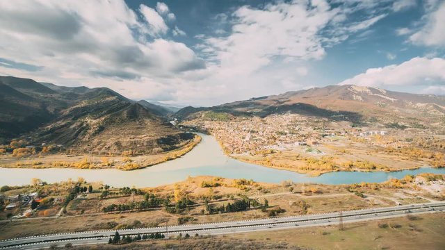Mtskheta Georgia. Top View Skyline Of Ancient Town Located At Valley Of Confluence Of Rivers Mtkvari Kura, Aragvi In Picturesque Highlands