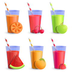 set of glass cups with juice of various fruits, vector illustration