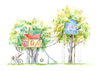 Fototapety  Tree house for kids.Swing, bicycle,slide,telescope, and playhouse.Summer image.White background. Watercolor hand drawn illustration.