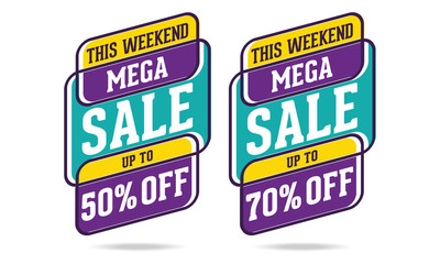 Mega Sale Discount Up To 50%. Banner Sticker Template. Flat Outline Design Vector Illustration.