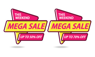 Mega Sale Discount Up To 50%. Banner Sticker Template. Flat Outline Design Vector Illustration.