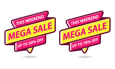 Mega Sale Discount Up To 50%. Banner Sticker Template. Flat Outline Design Vector Illustration.