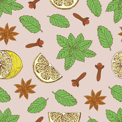 Tea collection. Vector hand drawn seamless pattern with mint, lemons slice and cloves  -06