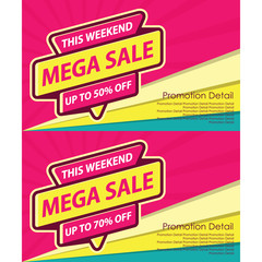 Mega Sale Discount Up To 50% Banner Template. Flat Outline Design Vector Illustration.