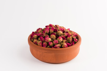 tea rose buds in a clay pot isolated on white background