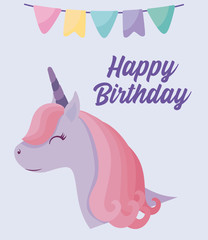 happy birthday card with cute head unicorn