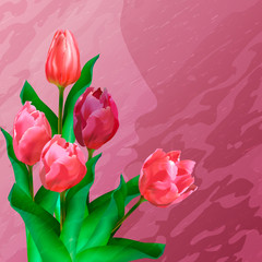 Bouquet of tulips on a textural pink background with a female silhouette. Beautiful greeting card or banner for Women's Day.