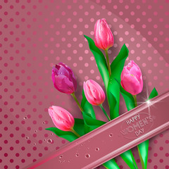 Composition with a bouquet of tulips, covered with a wide decorative ribbon with drops on a polka dot background. Beautiful greeting card or banner for Women's Day.