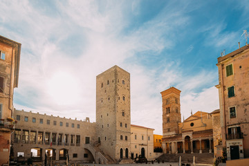 Fototapeta premium Terracina, Italy. Tower Of Cathedral Of San Cesareo And Town Hall In Sunny Day