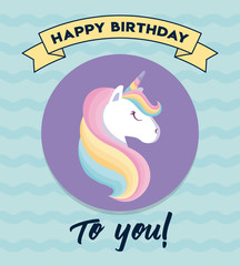 happy birthday card with cute unicorn head