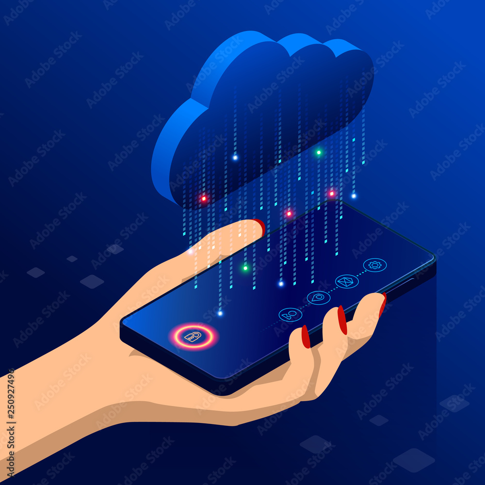 Poster isometric modern cloud technology and networking concept. web cloud technology business. internet da