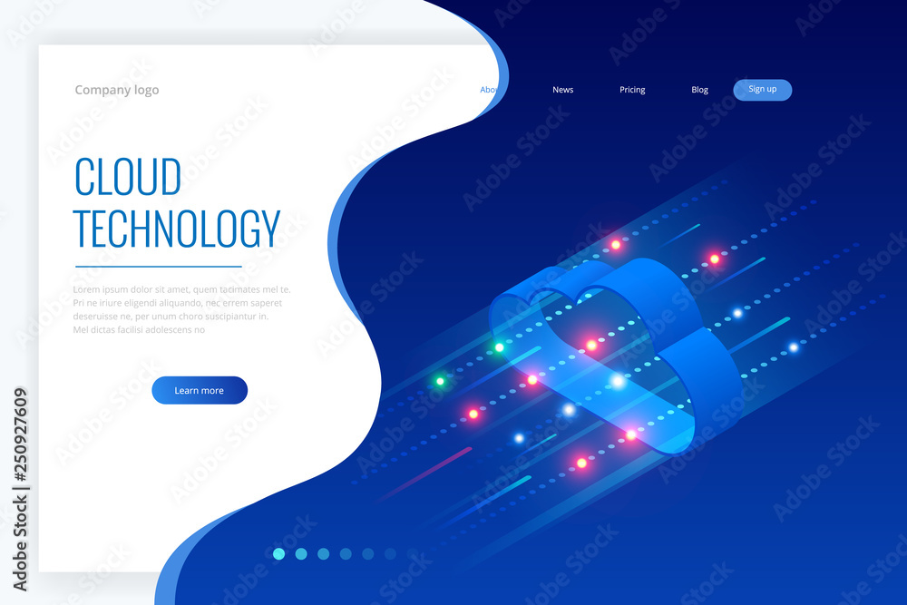 Poster isometric modern cloud technology and networking concept. web cloud technology business. internet da