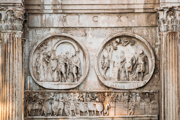 Rome, Italy. Details Of Arch Of Constantine. Bas-relief On Facade Of Triumphal Arch