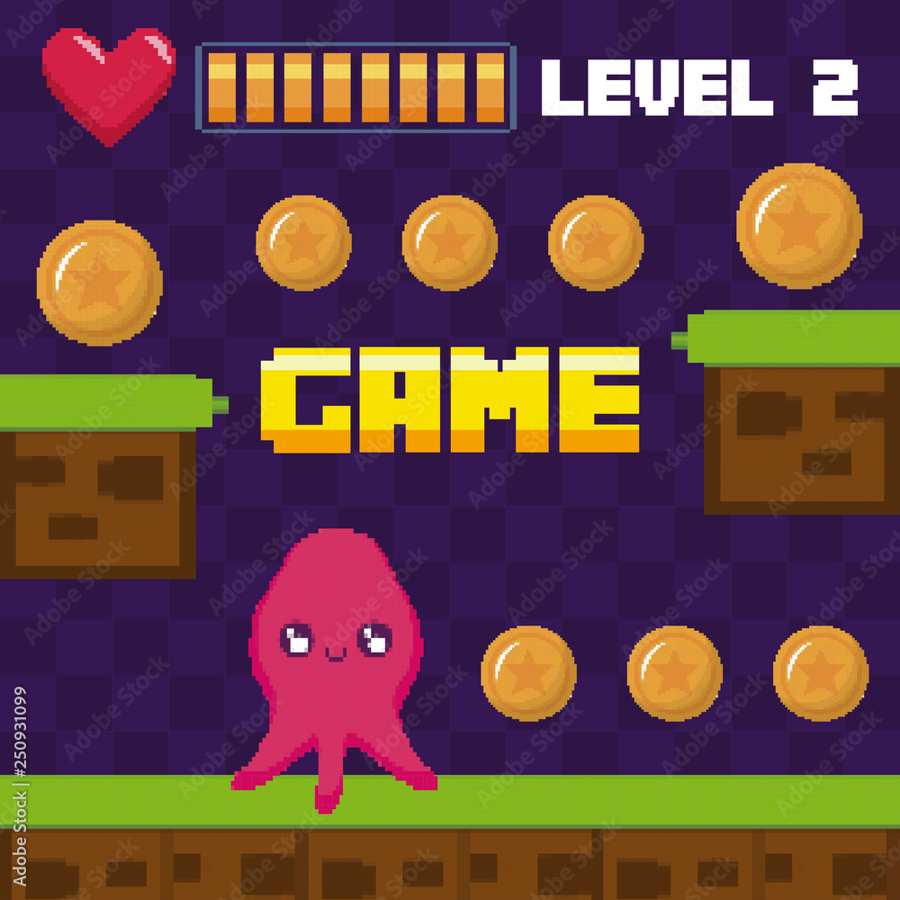 Poster classic video game scene with octopus mutant character