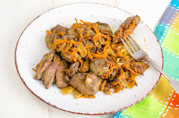 Fried Chicken Liver with Carrots and Onions.