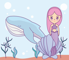 cute mermaid with whale in the sea