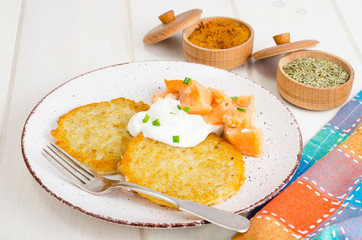 Potato pancakes with white sauce and smoked salmon