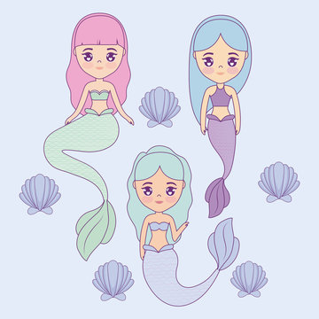 group of cute mermaids with seashell
