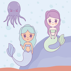 cute mermaids with octopus in the sea