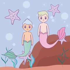 group mermaid male in the sea