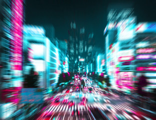 Zoom Effect of Night Time Traffic in Shinjuku District, Tokyo, Japan with a Retro Synthwave Color...