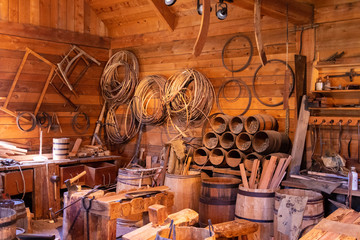 living history display of barrel making in a canadian fort