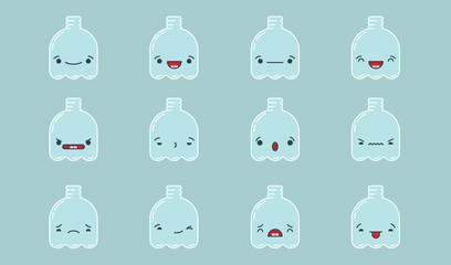 Set of vector kawaii empty plastic bottle emoticons. Isolated on pale blue background.