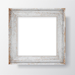 Square Blank wooden flaky frame on white wall. Vector template