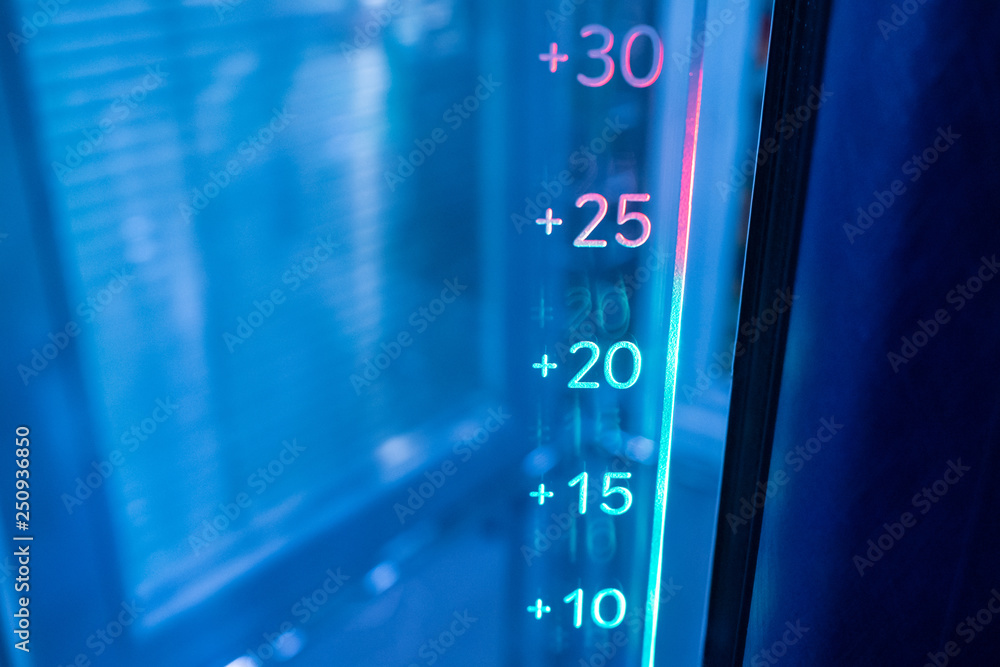 Poster close up photo of laboratory thermometer. measuring instruments. temperature scale. temperature meas