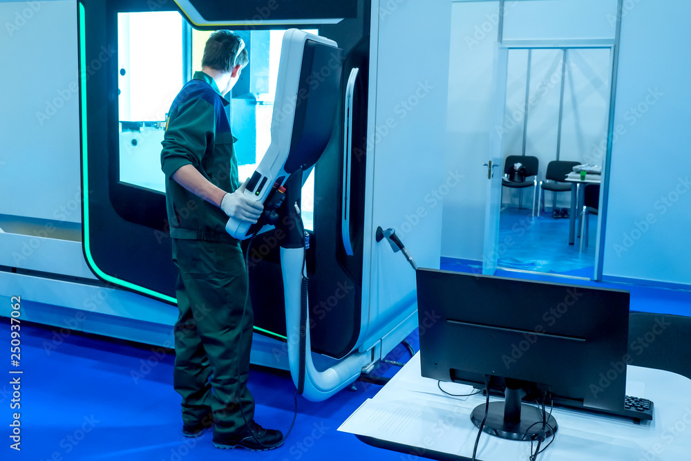 Poster cnc machining. the man works on a milling machine with cnc. device for process control. software for