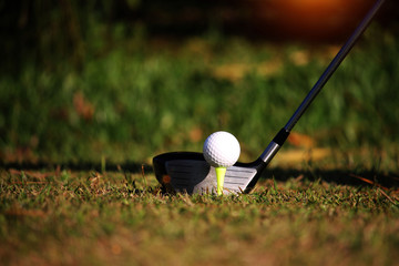 Golf club and golf ball close up in golf coures at Thailand