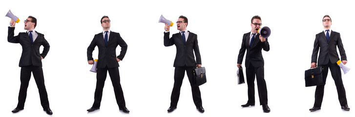 Fototapeta premium Male boss with megaphone isolated on white 