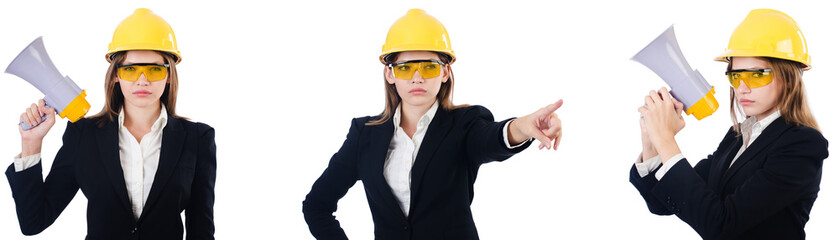 Female builder with megaphone isolated on white 