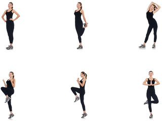 Young woman doing exercises isolated on white 
