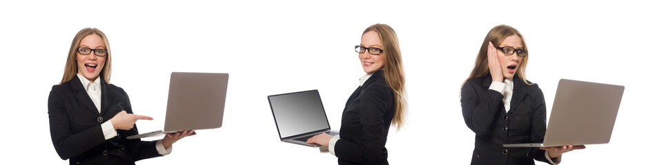 Pretty office employee with laptop isolated on white