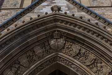 Ottawa CANADA - February 17, 2019: Architecture Details and heraldic insignia on Federal Parliament Building of Canada in Ottawa, North America