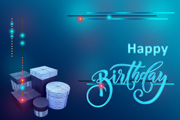 Happy birthday elegant card with gift boxes in futuristic style.  3D illustration for postcards, posters, coupons, promotional materials.